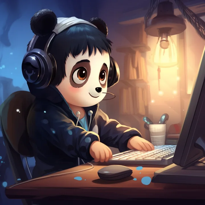 Illustration of a panda with headphones working at a computer late at night